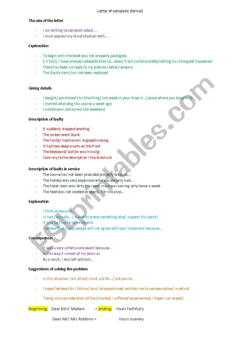 letter of complaint worksheet