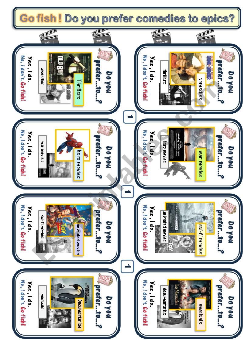 Movie Genres 3 Game cards for Go Fish(p1,2) * Target language*Do you prefer A to B?