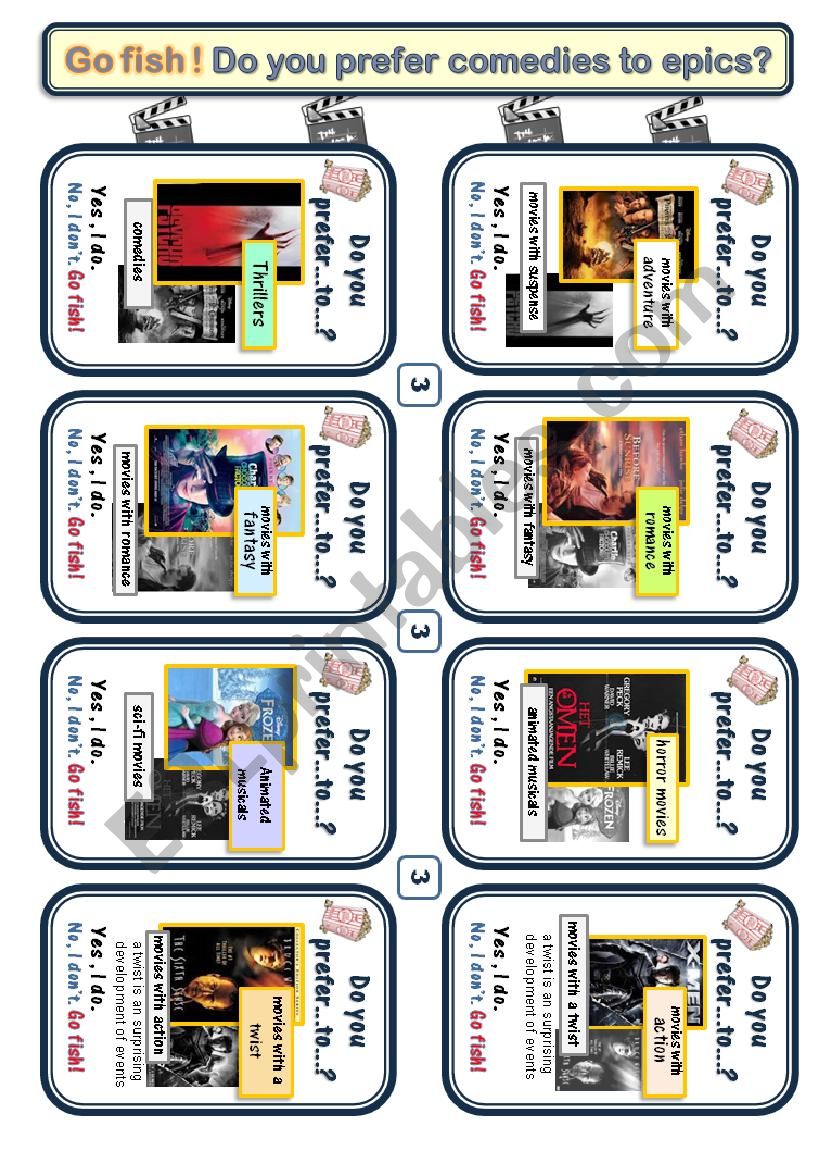 Movie Genres 3 Game cards for Go Fish(p3,4) * Target language*Do you prefer A to B?