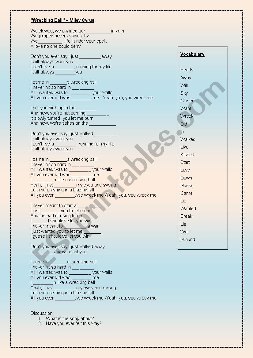 01 Top of the Pops (Song Lyrics) Miley Cyrus, Wrecking Ball. Listening Comprehension and Vocabulary