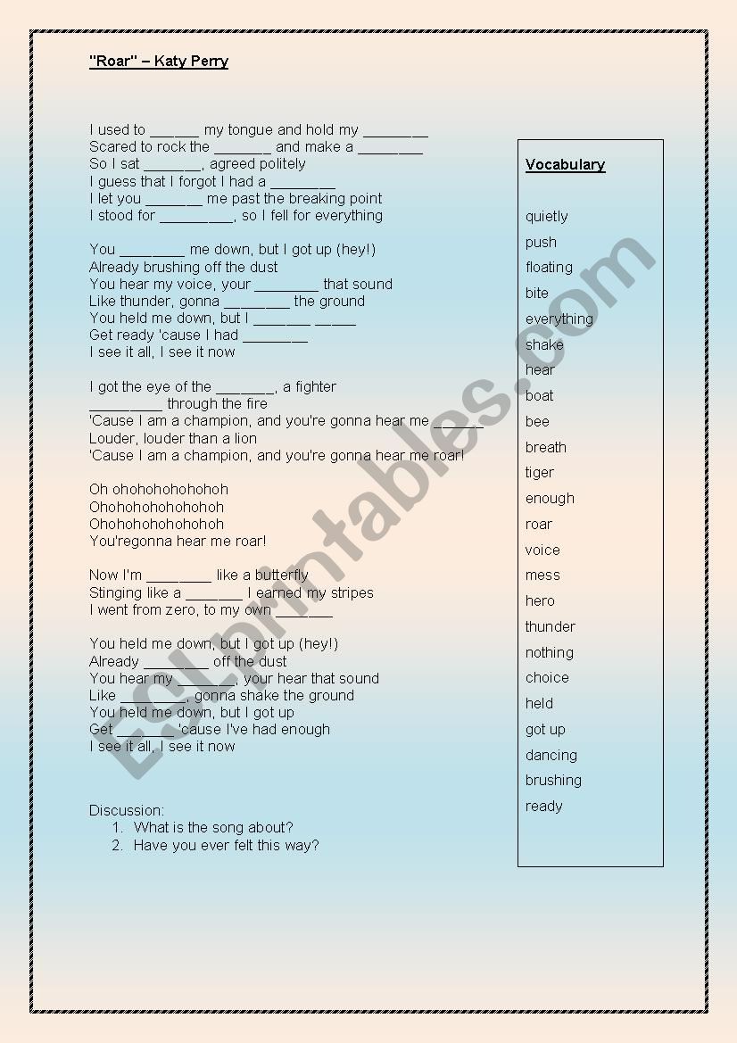 02 Top of the Pops (Song Lyrics) Katy Perry, Roar. Listening Comprehension and Vocabulary