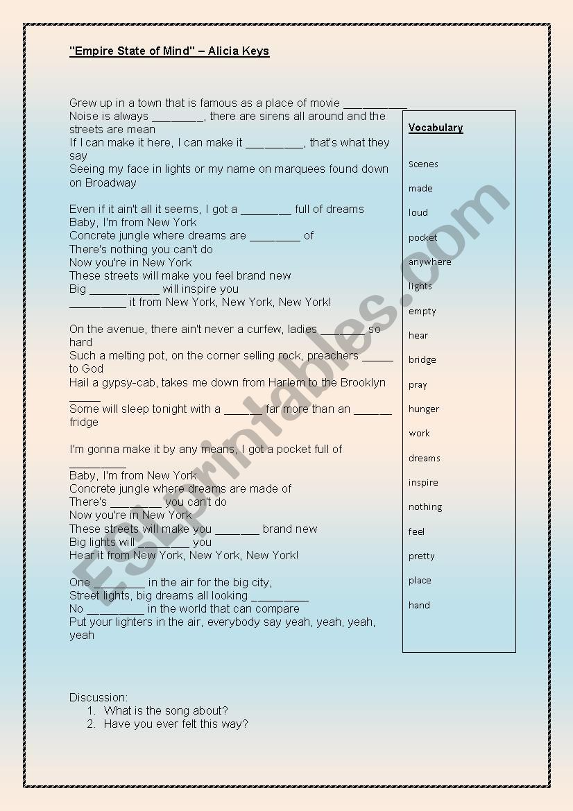 03 Top of the Pops (Song Lyrics) Alicia Keys, Empire State of Mind, New York. Listening Comprehension and Vocabulary