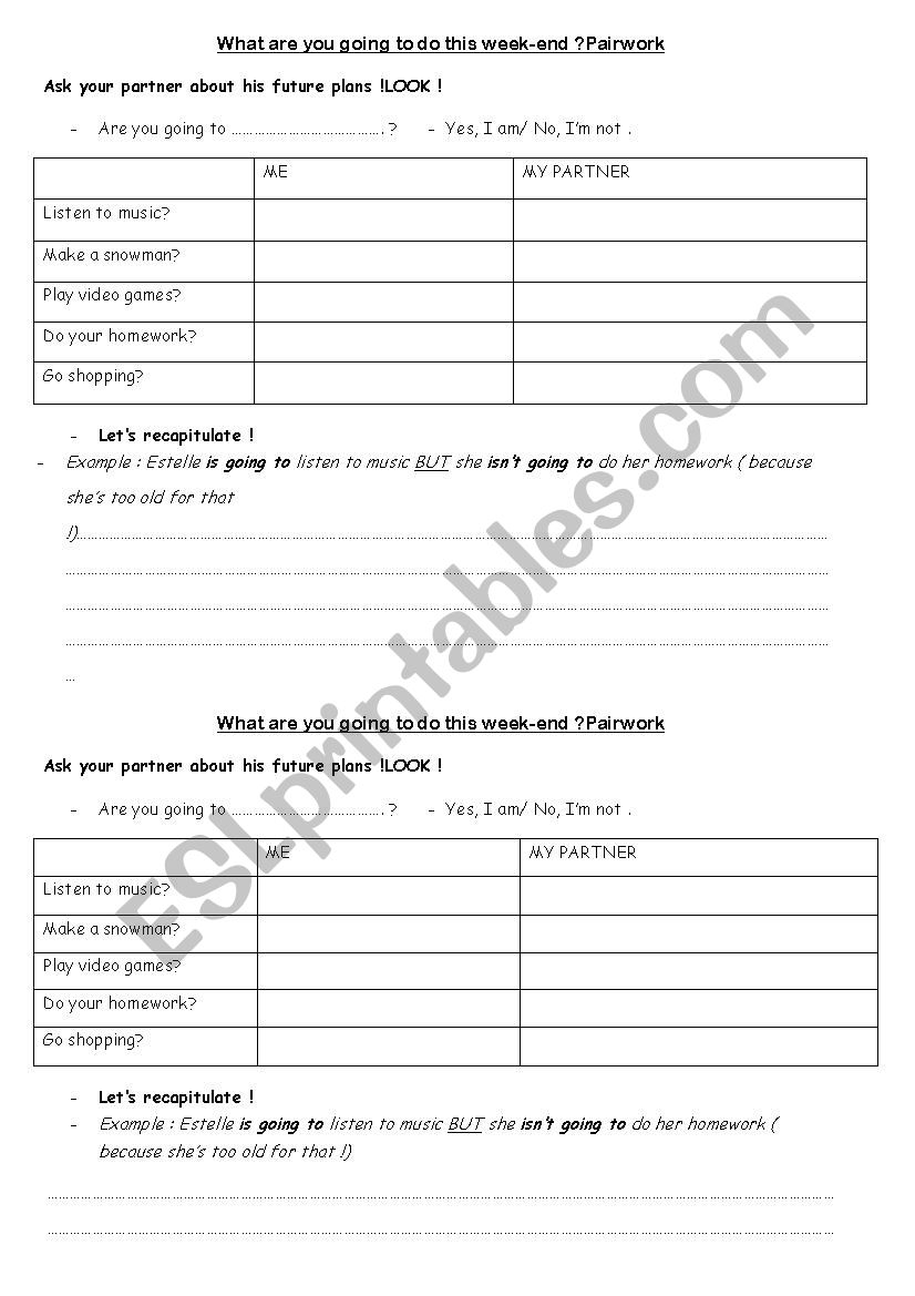 Pairwork future plans worksheet