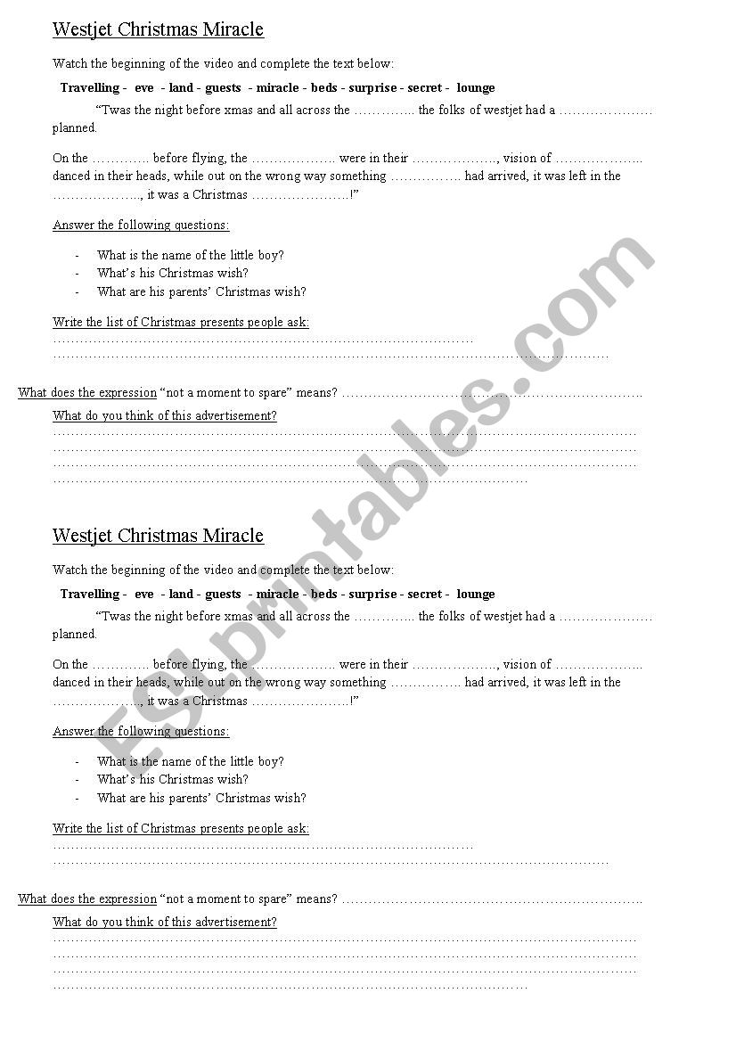 westjet christmas worksheet