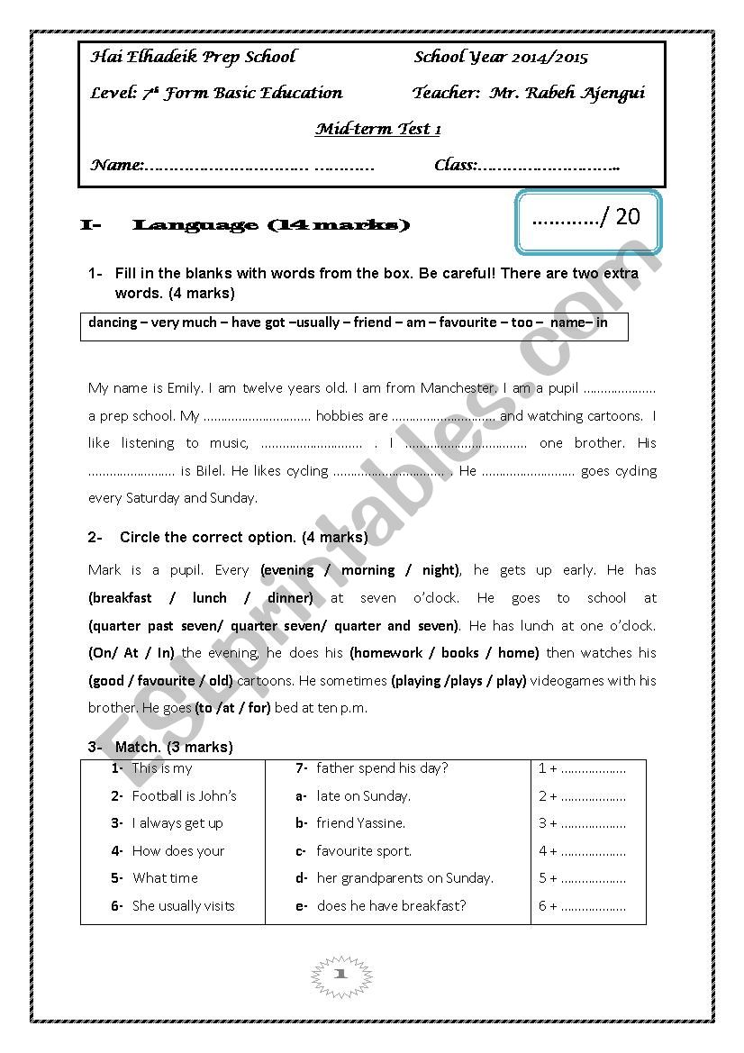 test young learners worksheet