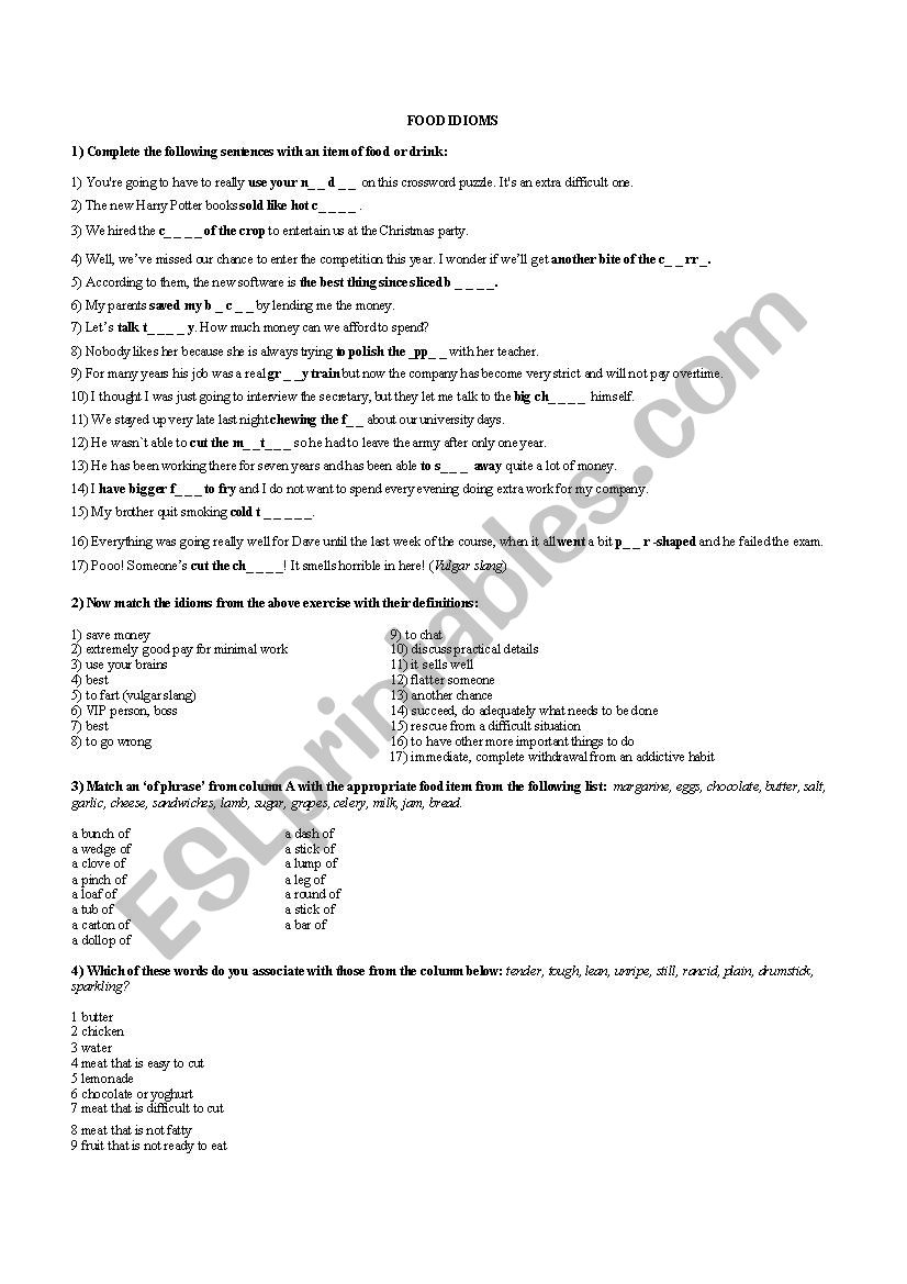 Food idioms worksheet