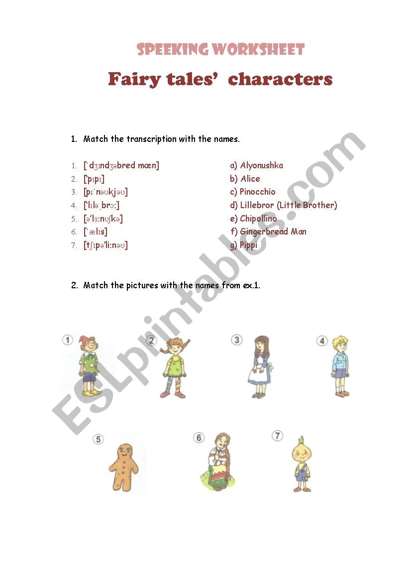 Speaking worksheet/Fairy tales characters