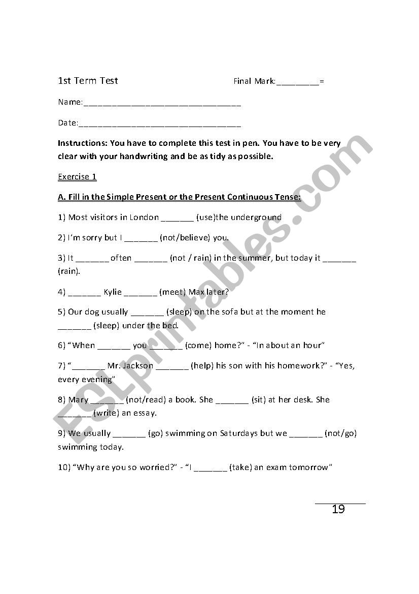 Test for 5th grade worksheet