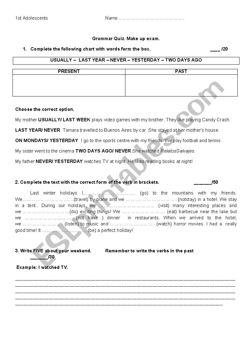 GRAMMAR QUIZ SIMPLE PAST worksheet