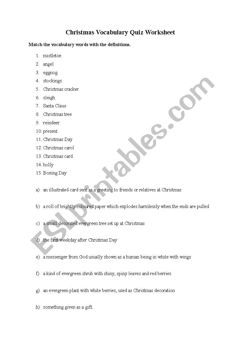 Christmas Vocabulary Matching worksheet