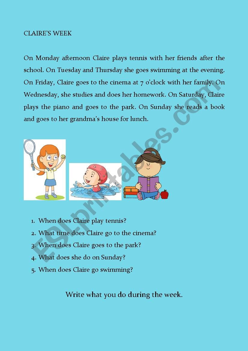 Claires week worksheet