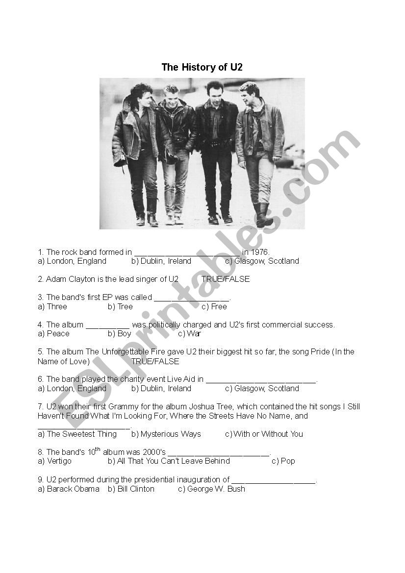 The History of U2 Worksheet worksheet