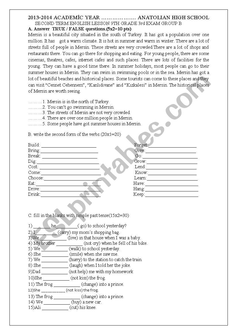 9th grade exam group B worksheet