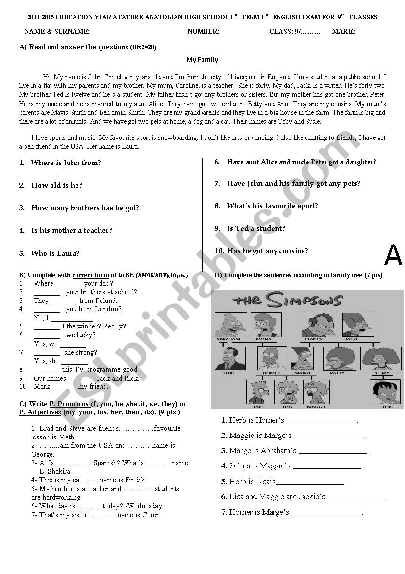 9grade test worksheet