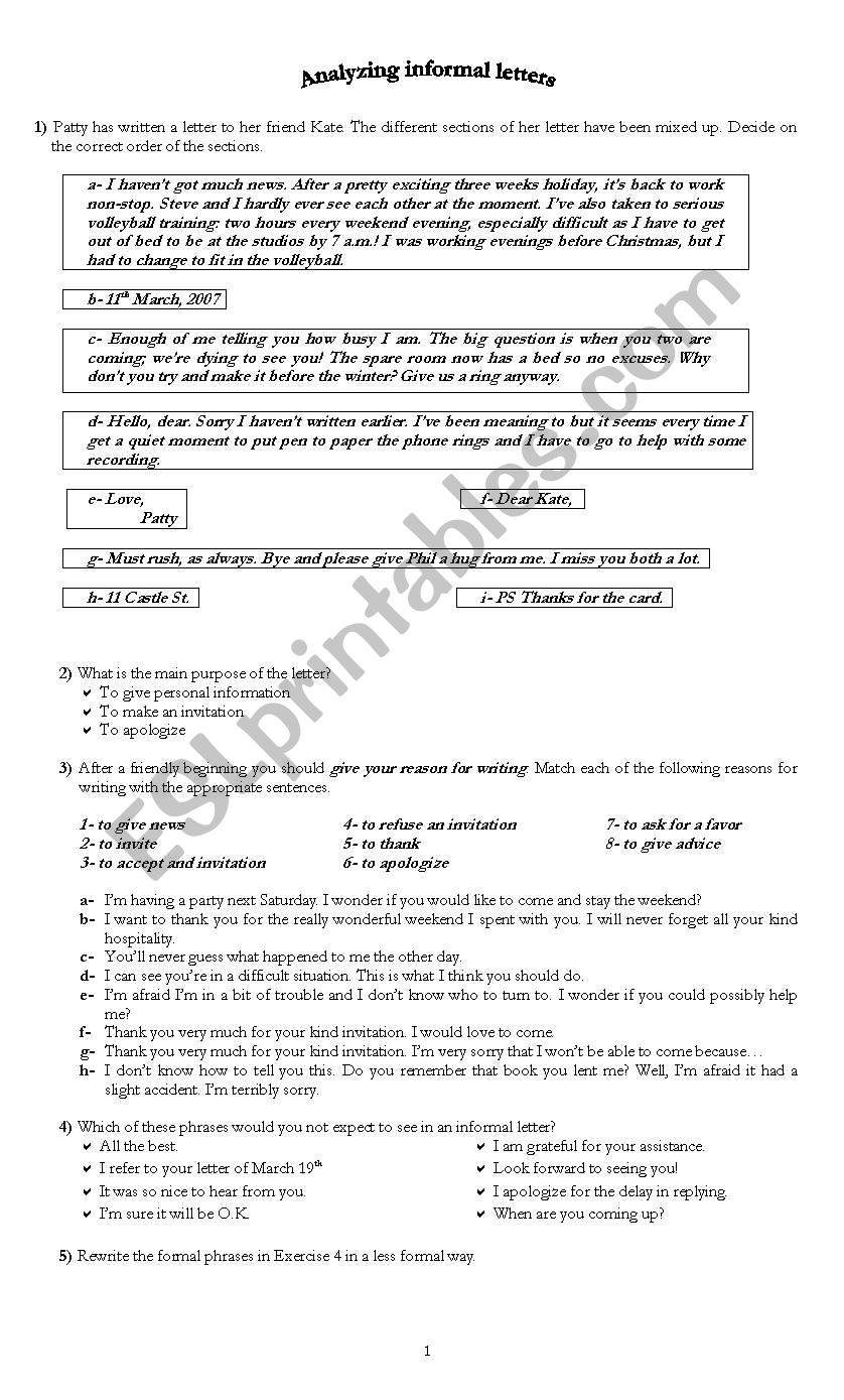 Analyzing Informal Letters worksheet