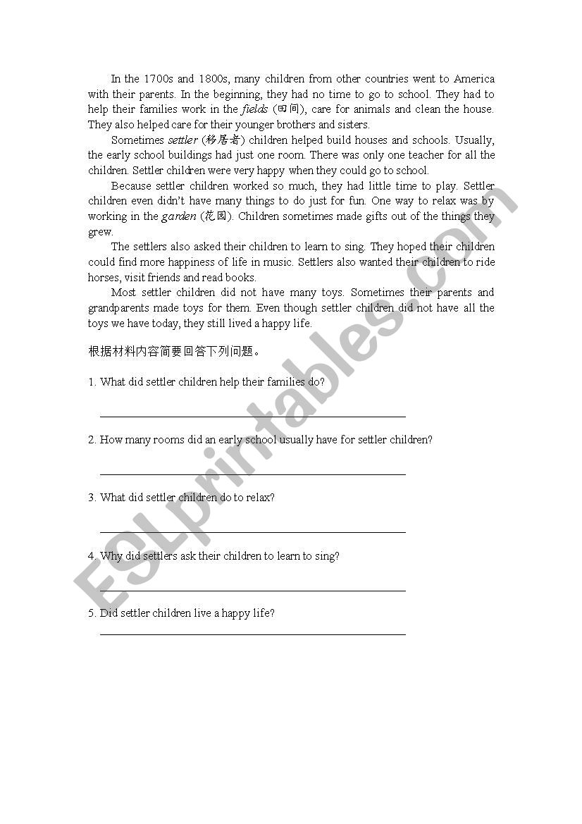 Settler children worksheet