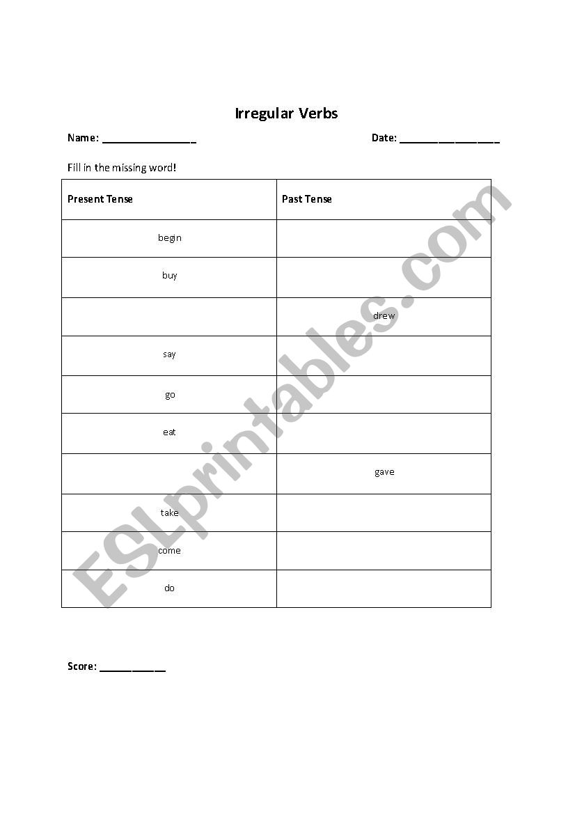 Irregular Verb Test worksheet