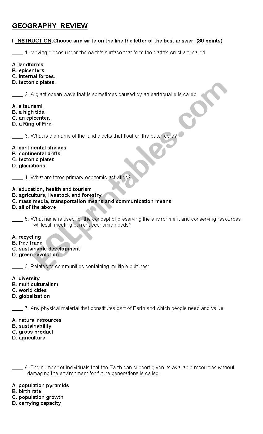 Geography review 1 worksheet