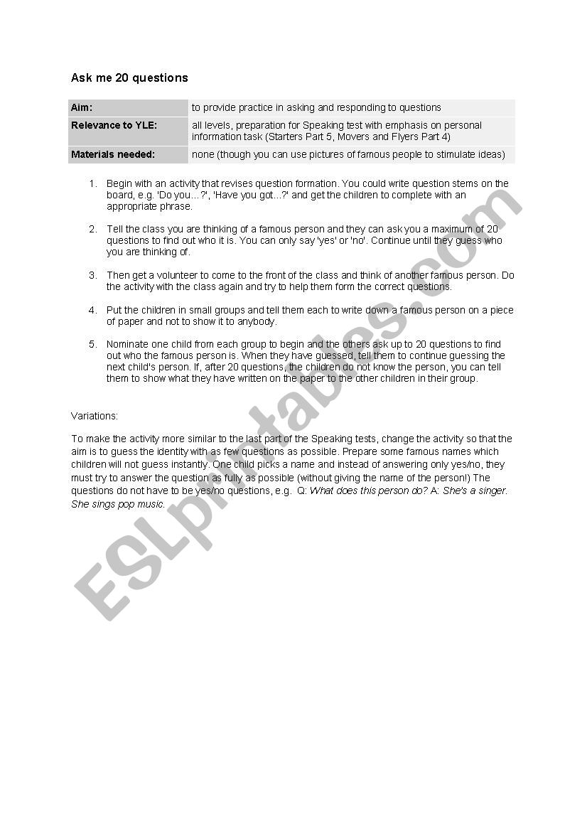 YLE speaking activity worksheet