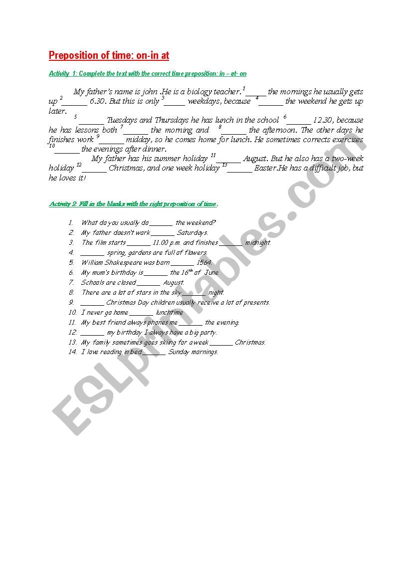 PRPOSITION OF TIME  worksheet