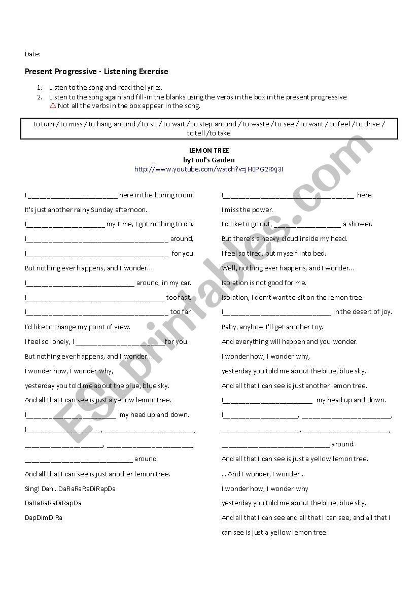 Lemon Tree worksheet