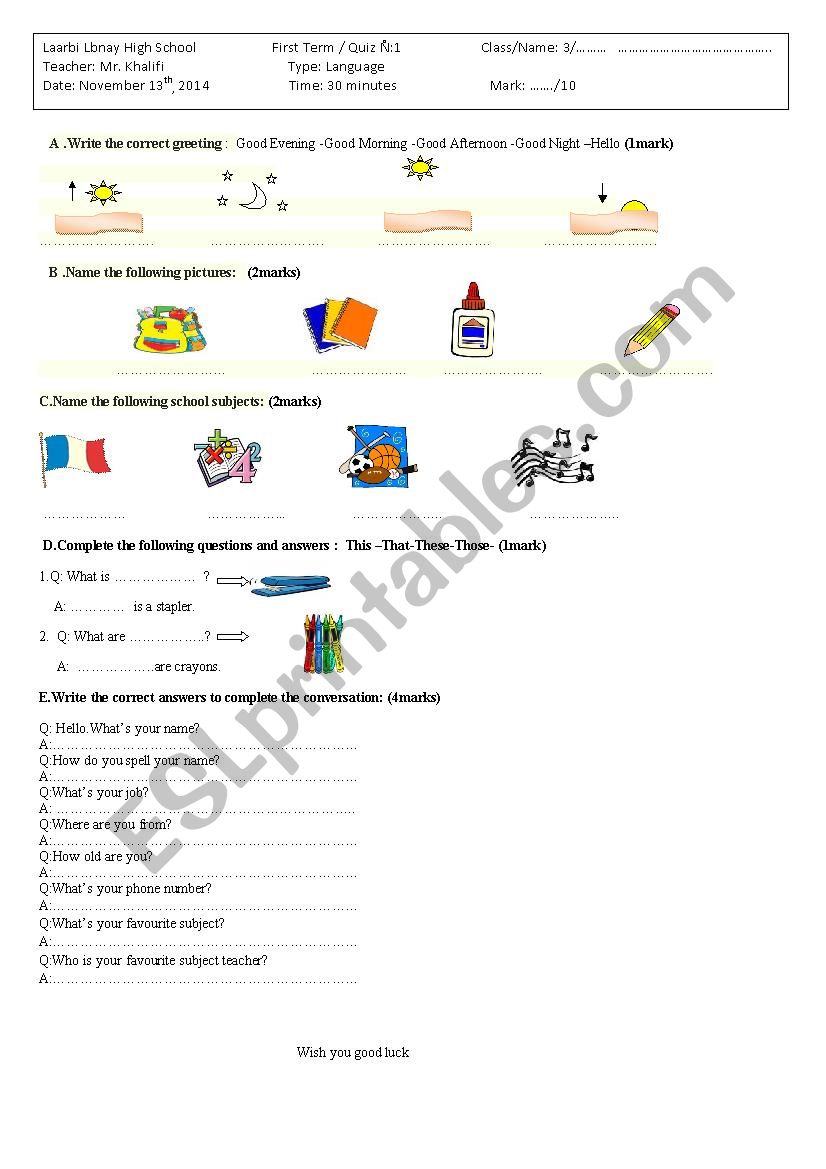 Quiz on Greeting and School worksheet