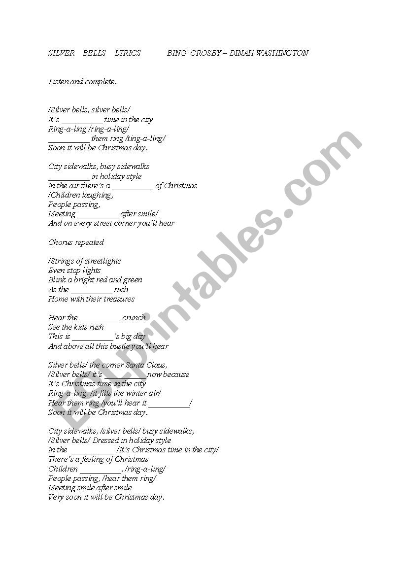 Christmas song: Silver Bells worksheet