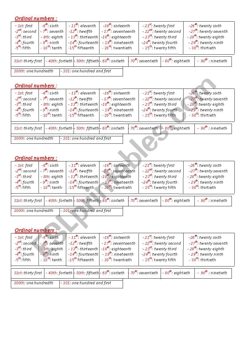 ordinal numbers  worksheet