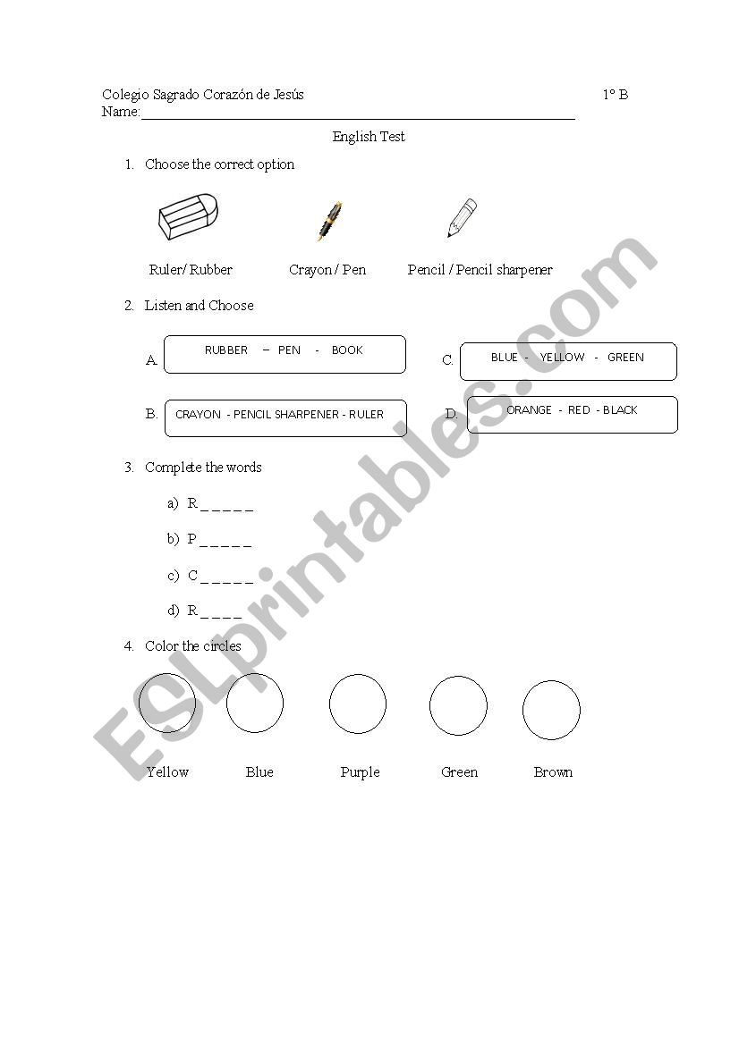 School objects - colors worksheet