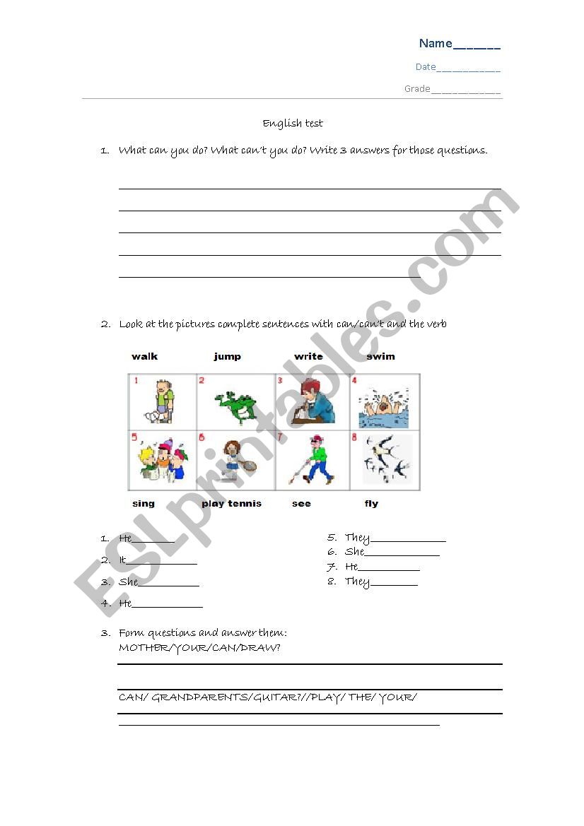 test on can/cant worksheet