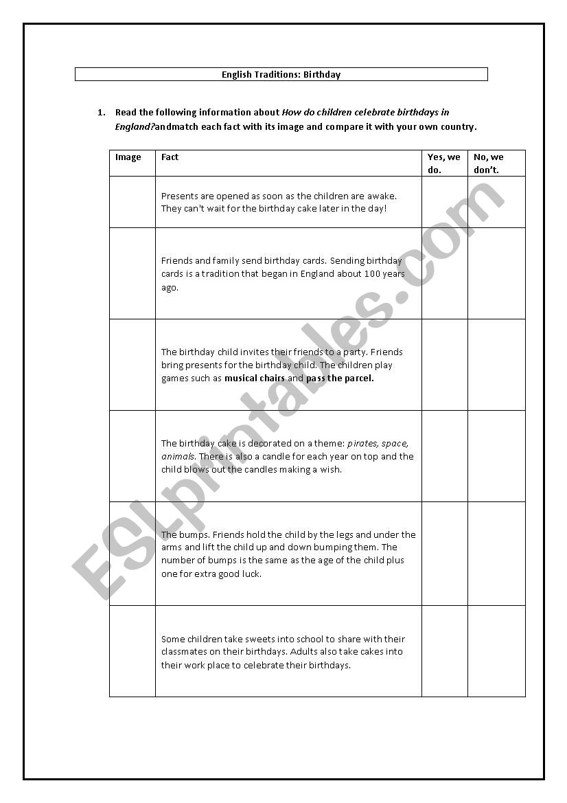 English traditions: Birthday worksheet