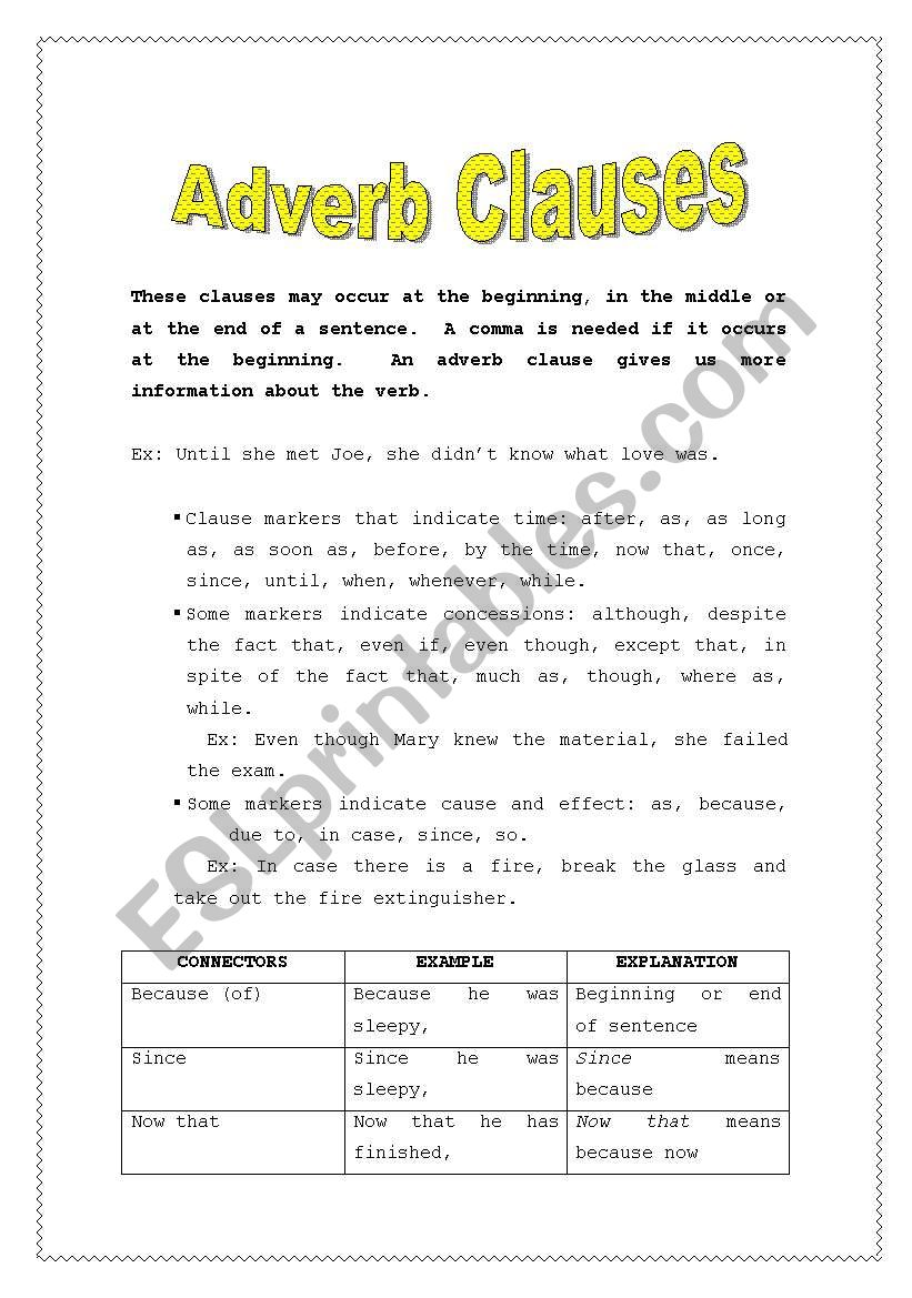 Adverb Clause Worksheet Pdf