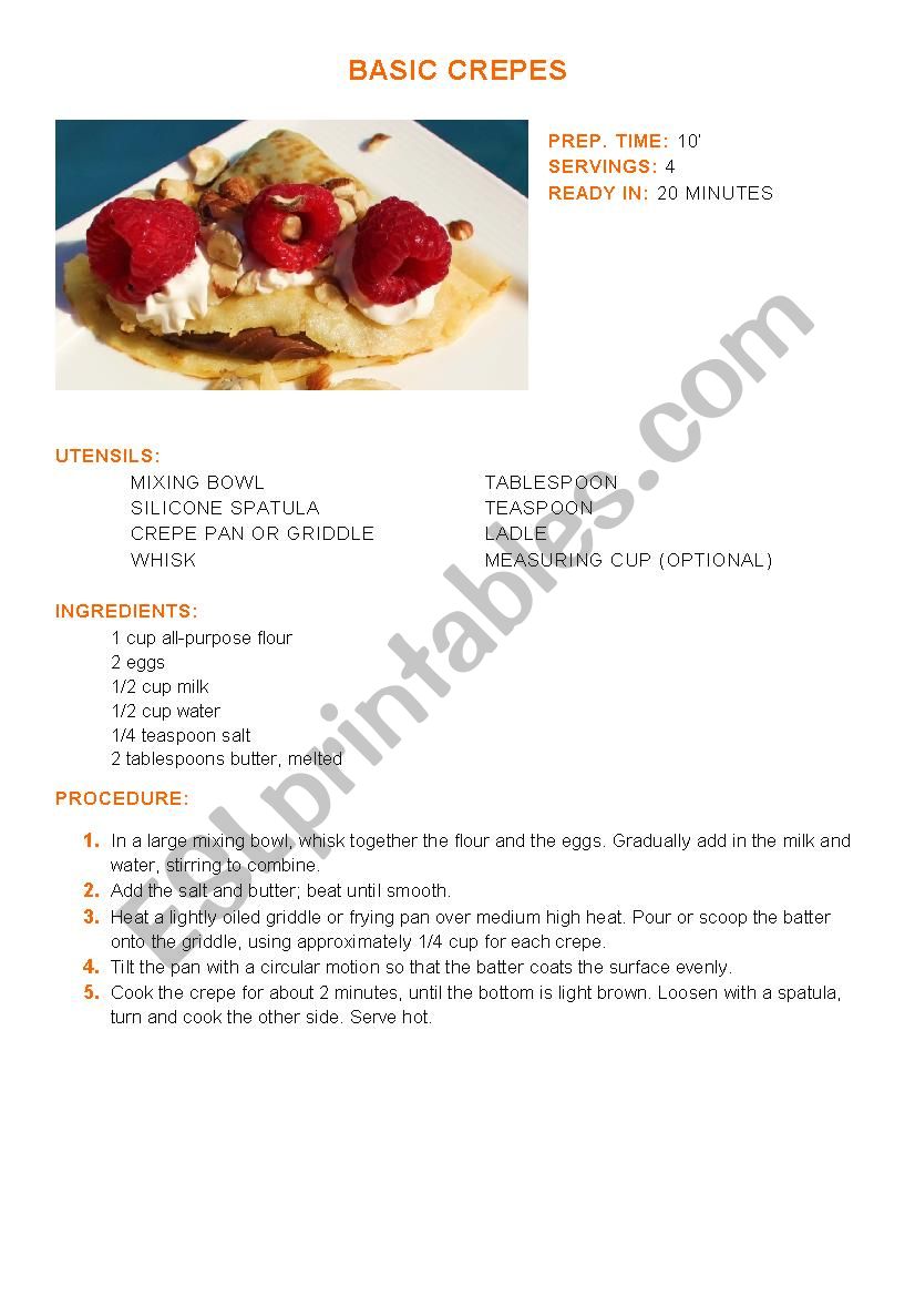 Cooking Class - Basic Crepes worksheet