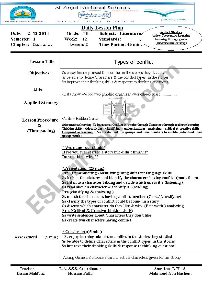 conflict lesson plan  worksheet