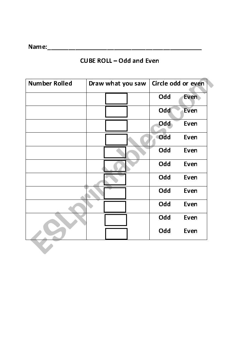 Odds and Even number game worksheet