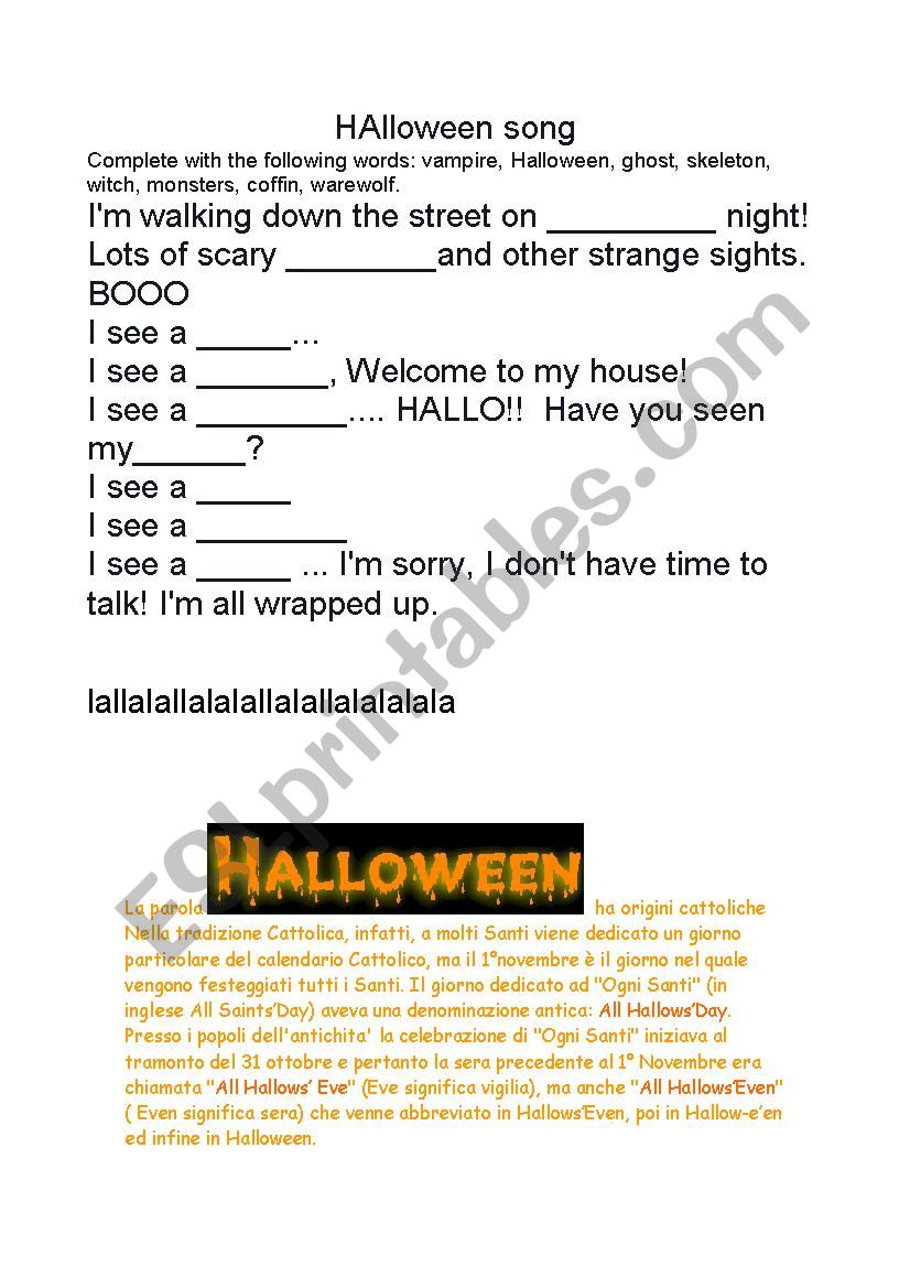 Halloween night song worksheet