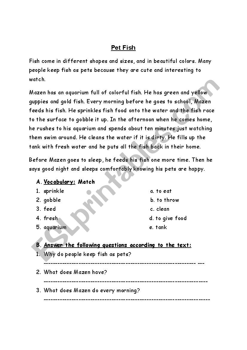 pet fish worksheet