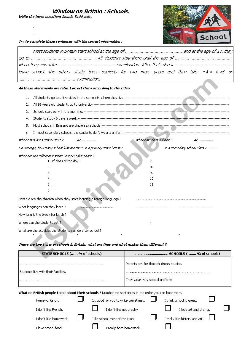 Window on Britain School worksheet