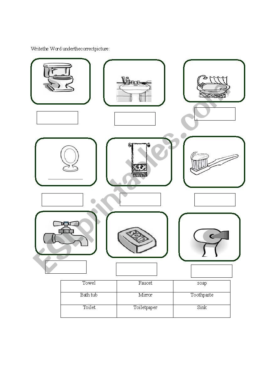 bathroom items worksheet