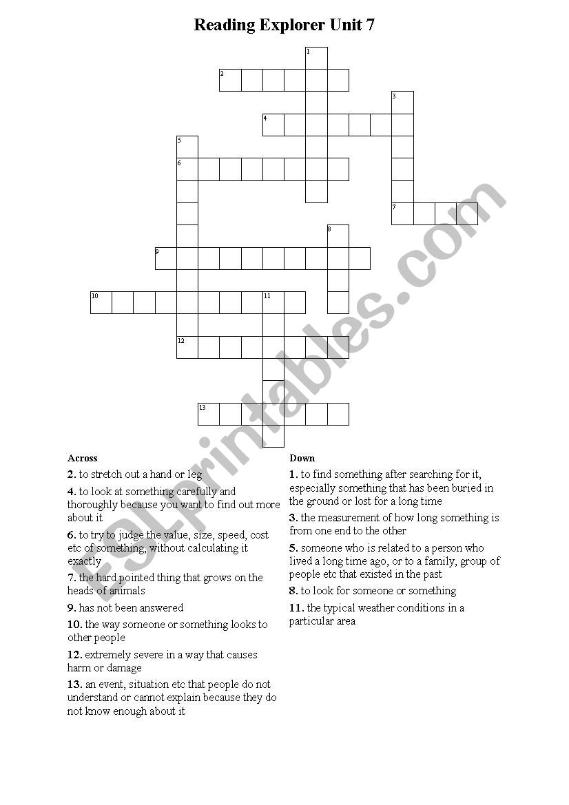 Reading Explorer 1 7B crossword puzzle