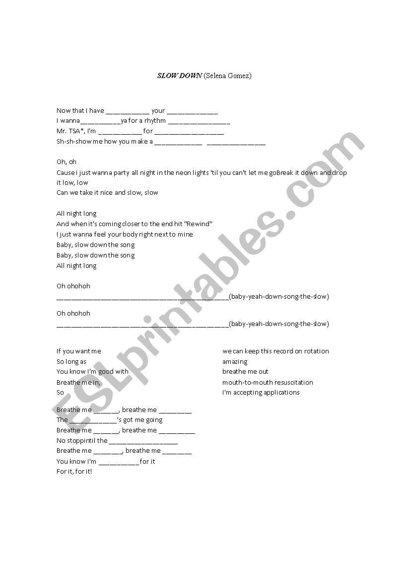 Slow Down worksheet