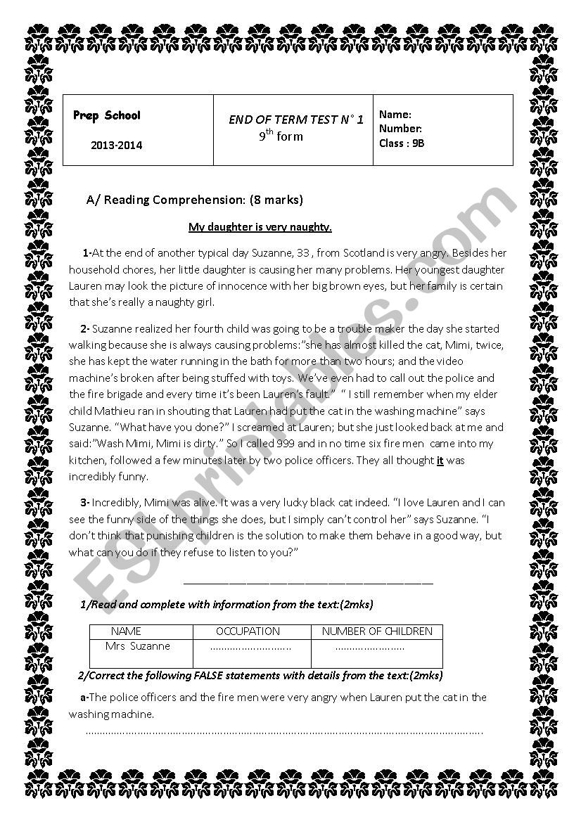 End of term test n 1 9th form worksheet