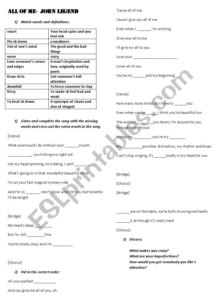 All of me- John Legend worksheet