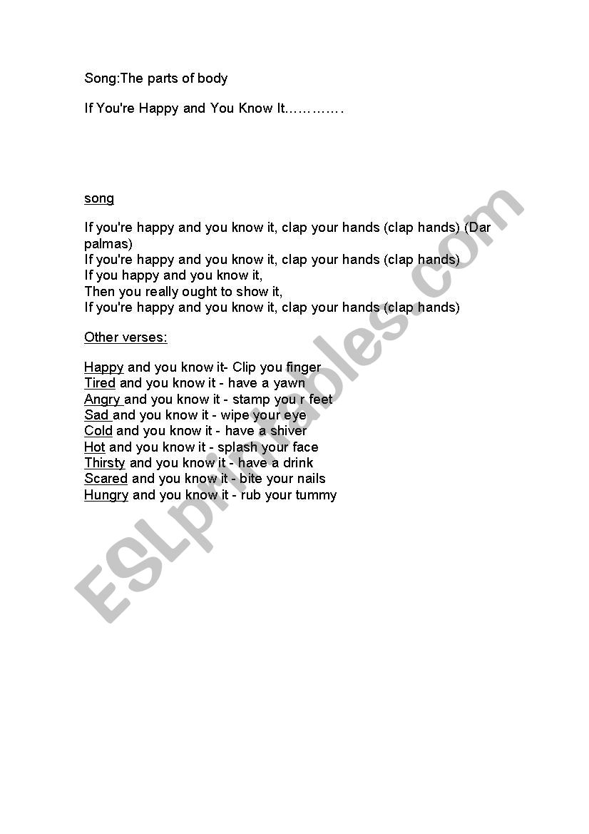 song parts of the body worksheet
