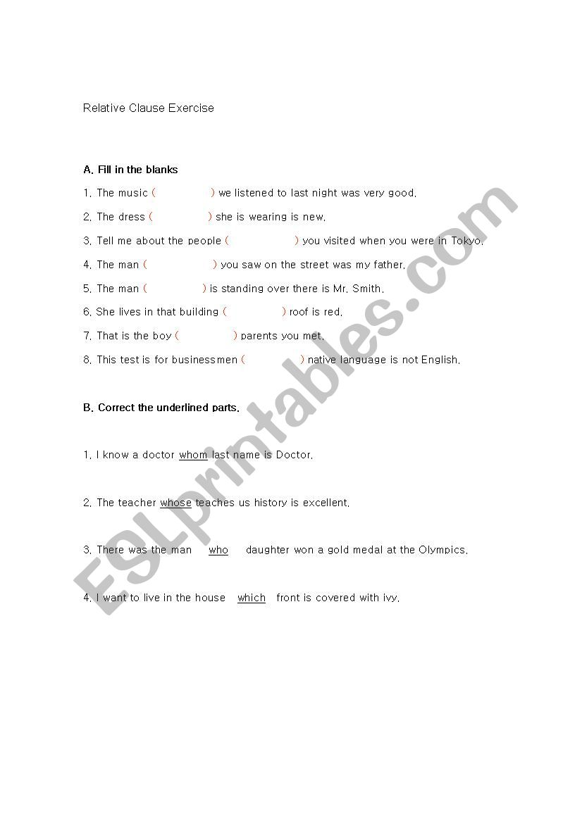 relative cluase exercise worksheet