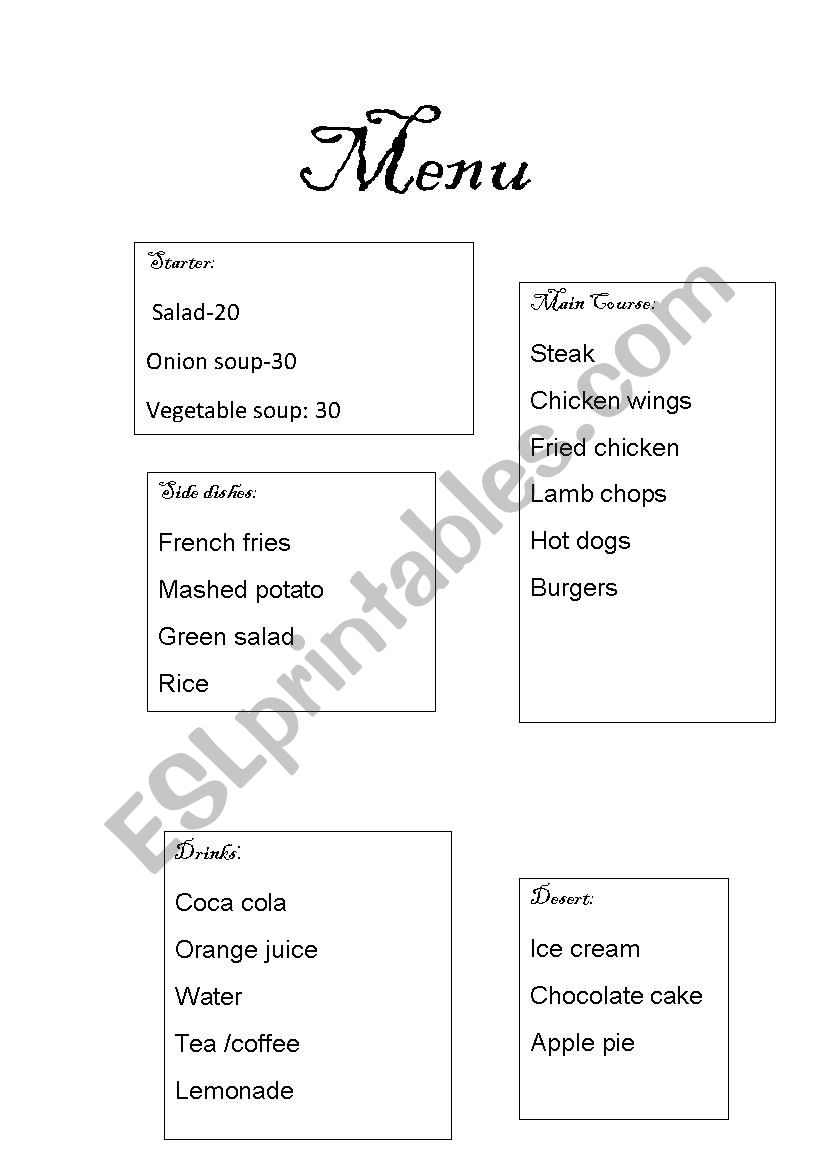 menu worksheet