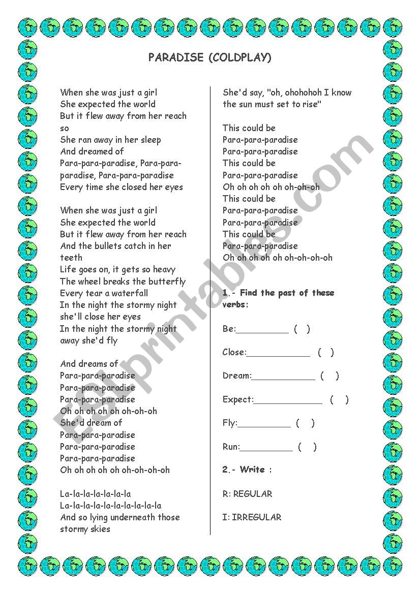 PARADISE (COLDPLAY) worksheet