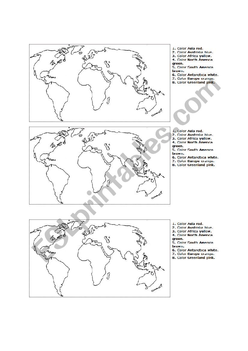 3 Per Page Continents of Earth ESL worksheet Printable