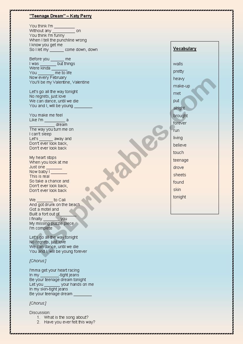07 Top Of The Pops Song Lyrics Katy Perry Teenage Dream Listening Comprehension And Vocabulary Esl Worksheet By Katielola