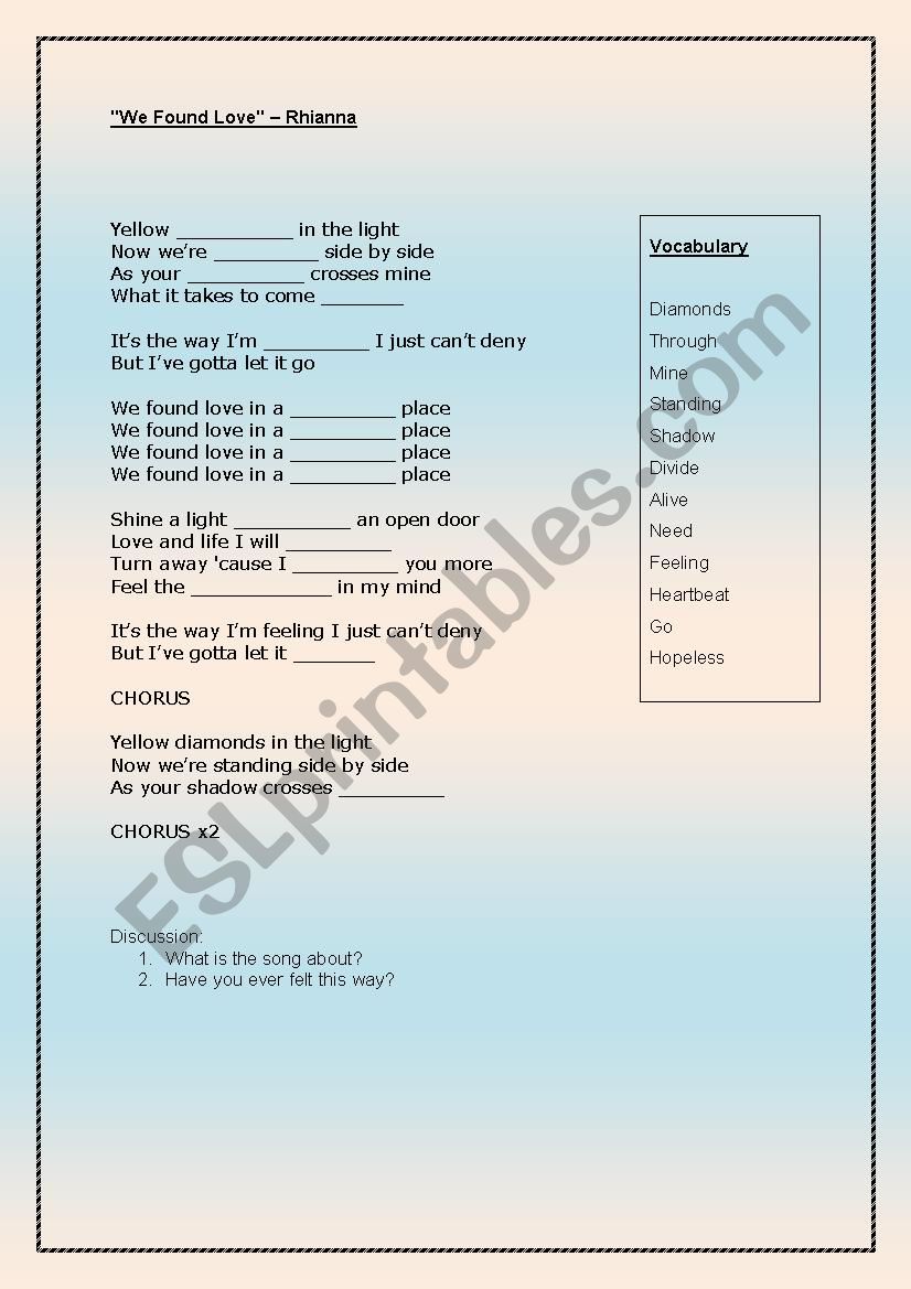 08 Top Of The Pops Song Lyrics Rhianna We Found Love Listening Comprehension And Vocabulary Esl Worksheet By Katielola